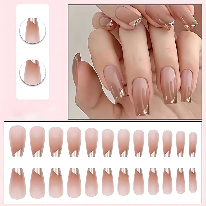 Medium Press on Nails Coffin Fake Nails with Designs Nude Gradient Acrylic False Nails with Glue French Gold Tip Artificial Nails Glossy Fake Fingernails Stick on Nails for Women 24Pcs