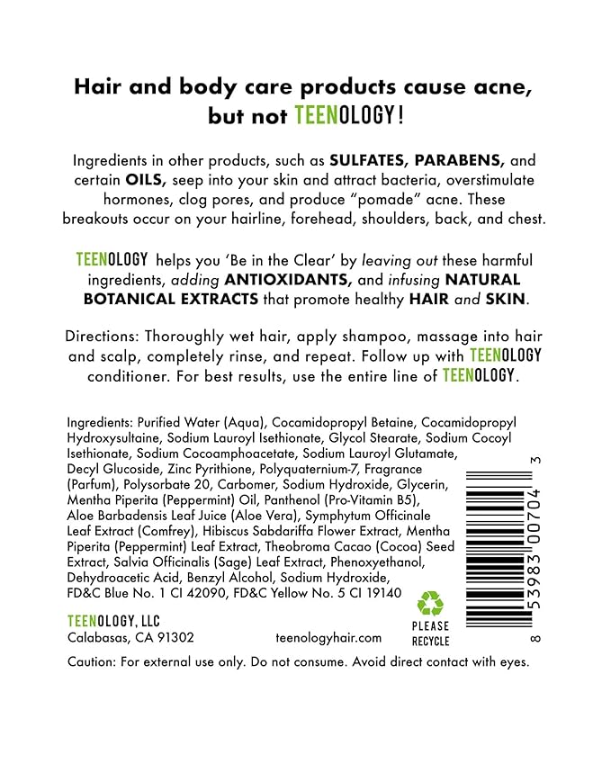 Teenology Shampoo for Teens - Avoid Forehead and Body Acne - No Sulfates or Parabens, Noncomedogenic, Natural Botanical Extracts, 16 oz. (Sweet Mint)-VivaGrace Women