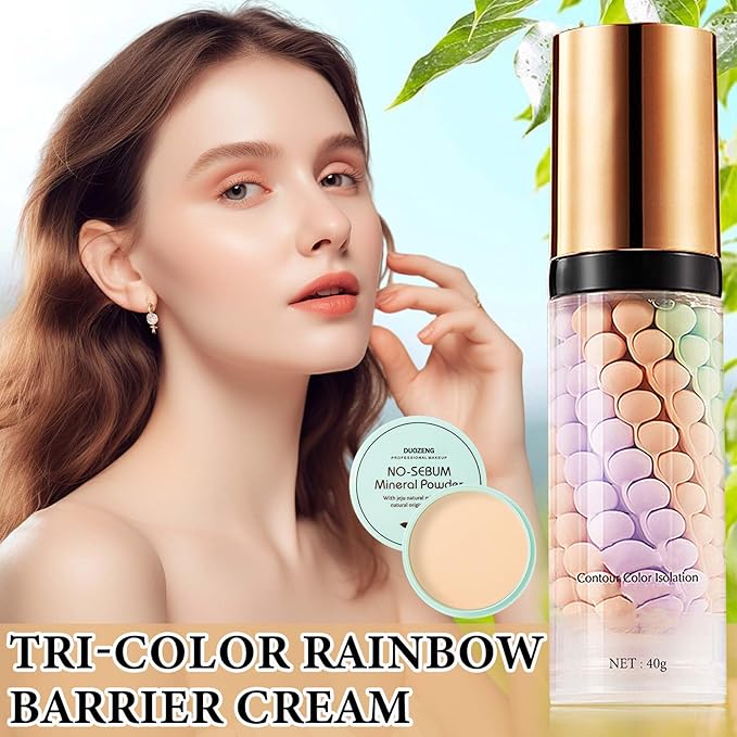 One Step Color Corrector,Natural Isolation Cream,Face Primer Makeup Tricolor Moisturizer,Correcting Primer Concealer Foundation,Setting Powder,Makeup Brushes,Makeup Sponges（4PCS)-VivaGrace Women