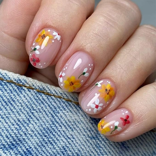 Flower Press on Nails Short Almond False Nails with Yellow White Red Floral Design Glossy Pink Glue on Nails Spring Stick on Nails Full Cover Reusable Summer Fake Nails for Women Girls Manicure 24Pcs