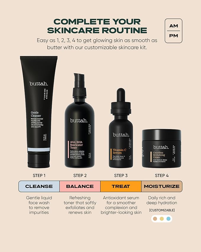 Buttah Skin Supreme Kit for Melanin Rich Skin | CocoShea Revitalizing Cream 2 oz | Vitamin C Serum 1 oz | Cleanser 3.4 oz | Rosewater Toner 3.4 oz | Black Owned Skincare-VivaGrace Women