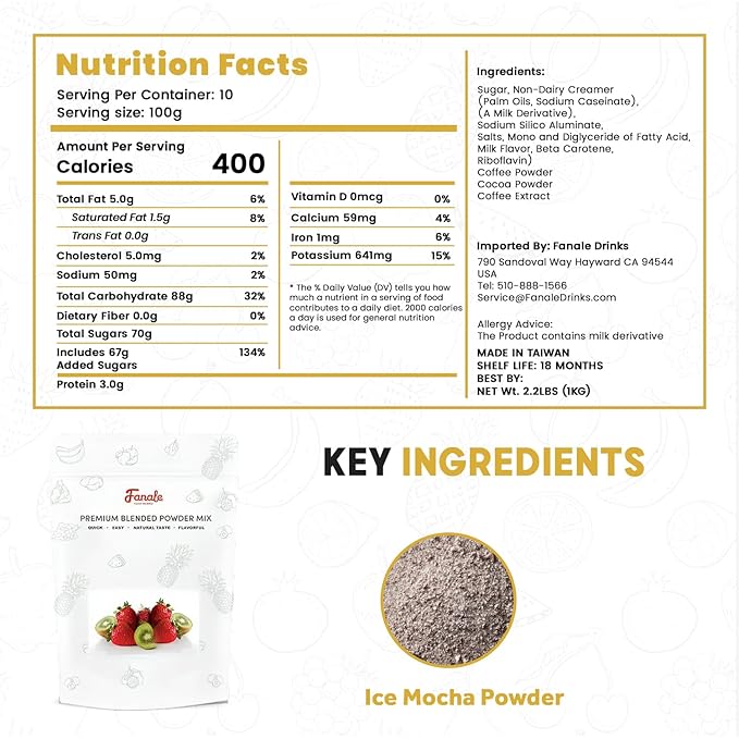 Fanale Premium Ice Mocha Bubble Tea Flavoring Powder | Perfect for Baking, Smoothies, Desserts and Drinks | Instant Flavoring Powder for Boba Milk Tea - 2.2 Pounds (Pack of 20)