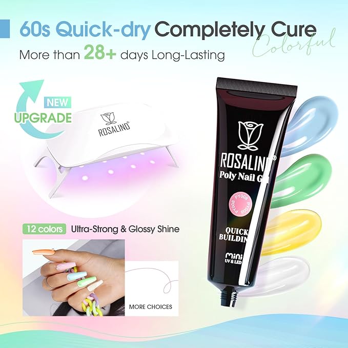 ROSALIND 12PCS Poly Nail Gel Kit with Mini Nail Lamp Nude Brown Cherry Pink Poly Extension Gel Kits-VivaGrace Women