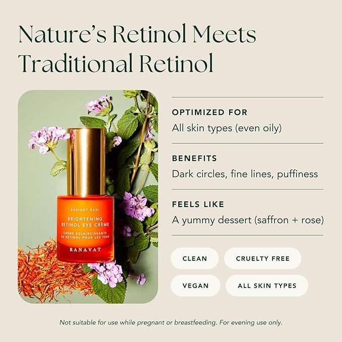 RANAVAT Brightening Retinol Eye Cream - Anti Aging Eye Cream and Dark Circle Corrector to Help Target Fine Lines - Enriched with Micro-Encapsulated Retinol, Bakuchi Seed, & Saffron (0.5 oz)-VivaGrace Women