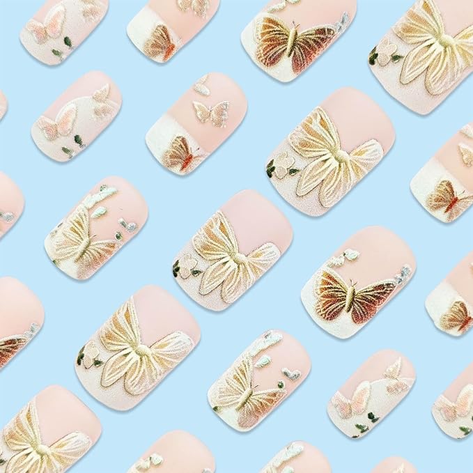 Square Press on Nails Medium Fake Nails White French False Nails with Butterfly Designs Spring Nail Press ons Full Cover Glue on Nails Artificial Nails Cute Stick on Nails for Women 24Pcs