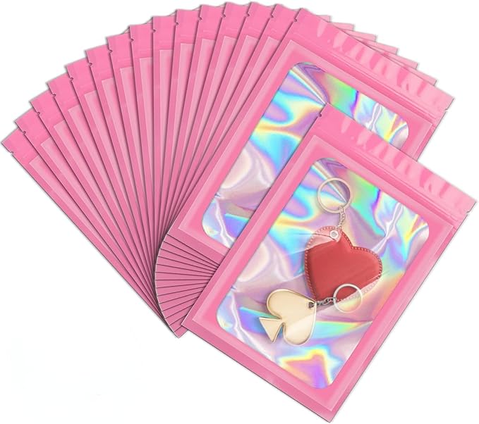 ANZNKU 100 Pack Mylar Bags Reasealable Holographic Bags, Smell Proof Bag Zipper Pouches with Clear Window, Jewelry Candy Sealable Bag for Packaging Sample Party Favor (Pink, 7.1 x 10.2 Inch)-VivaGrace Women
