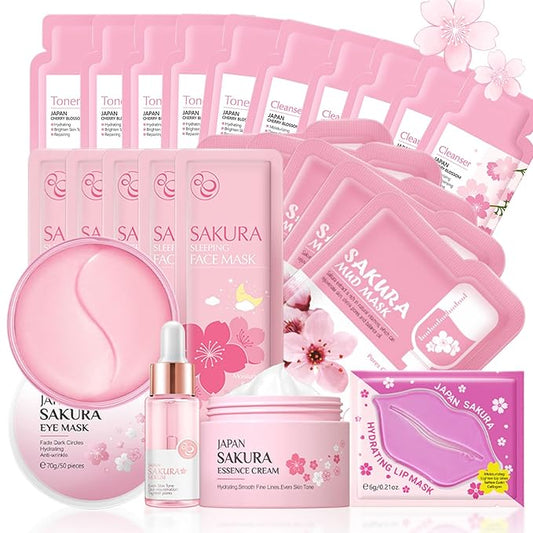 Skincare Set for Teenage Girls, Japan-Sakura Skin Care Products Set, Skin Care Sets & Kits, Cleanser, Toner, Serum, Cream, Sleep Mask,Eye Mask,Mud Mask,Lip Mask Beauty Products Daily Face Care 24PCS-VivaGrace Women