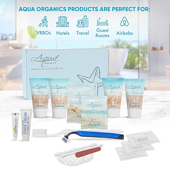 Aqua Organics Amenity & Accessory Kit|1oz Travel Size Shampoo,Conditioner,Lotion,Body Wash,Body Bar, Cleansing Bar, Shave & Dental Sets, Make-Up Remover Wipes & Vanity Kit|60 sets-VivaGrace Women