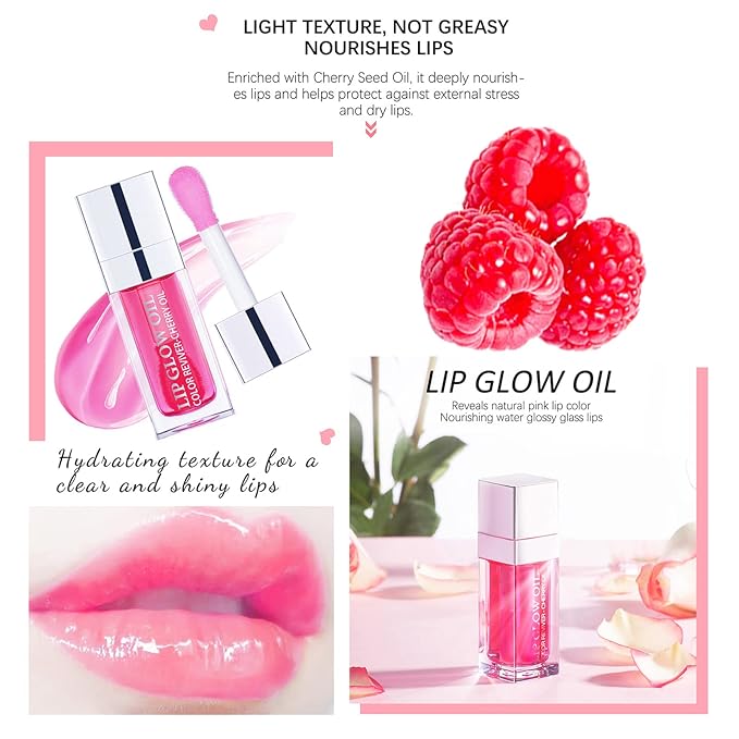 Lip Oil Hydrating Tinted Lip Balm, Plump Lip Gloss Lip Care Transparent Toot Lip Oil Tinted, Glass Lip Glow Oil Fresh Texture & Non-sticky, Nourishing Repairing Lightening Lip Lines Lip Care Products ( 007# Raspberry )-VivaGrace Women