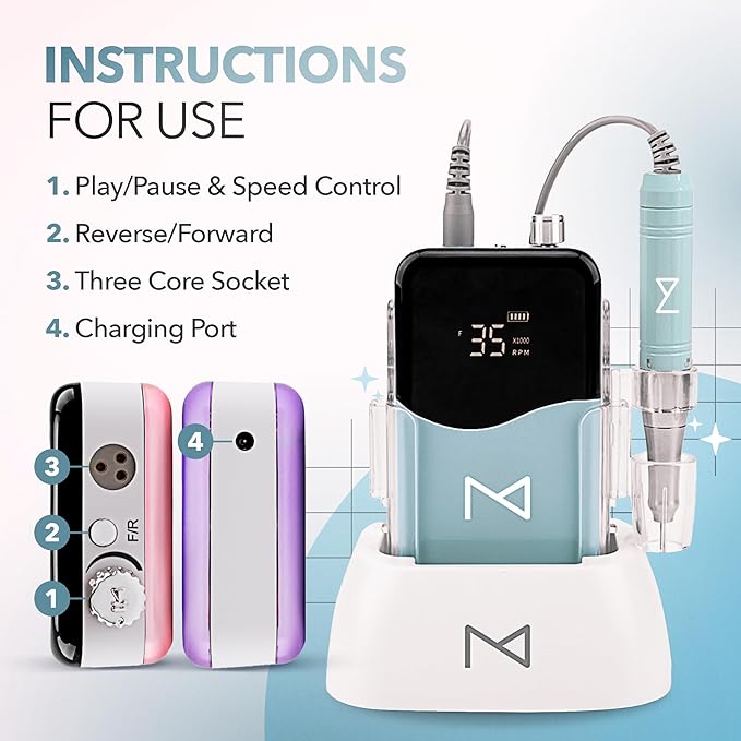 M Mase- Professional Nail Drill Machine - Coreless 2-in-1 Nail File - Electric, Cordless, 35000 RPM, HD Display - Electric Nail Drill for Professional & Home Use (Teal)-VivaGrace Women