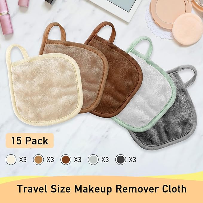 Makeup Remover Cloth, 15-Pack Soft Microfiber Face Towels for Washing Face, 5" x 5" Eye Makeup Remover Pads, Travel-Friendly Makeup Remover Wipes, Gentle Wash Cloths for Sensitive Skin