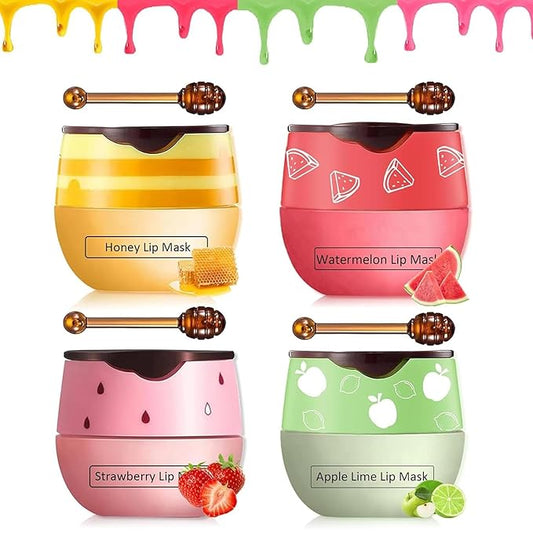 4 PCS Bee Lip Balm Honey Pot,Strawberry&Watermelon&Honey&Apple Lime Lip Mask Overnight Hydrating Prevention Dry and Cracked Lip Scrubs Exfoliator Lip Care, Lip Sleeping Mask Reduces Lip Lines-VivaGrace Women