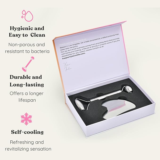Stainless Steel Face Roller - Premium Gua Sha Facial Tools Stainless Steel GuaSha Tool and Face Roller Set - Gua Sha Stainless Steel Gua Sha Tool - Metal Face Roller and Gua Shua Set - Spa Gifts-VivaGrace Women