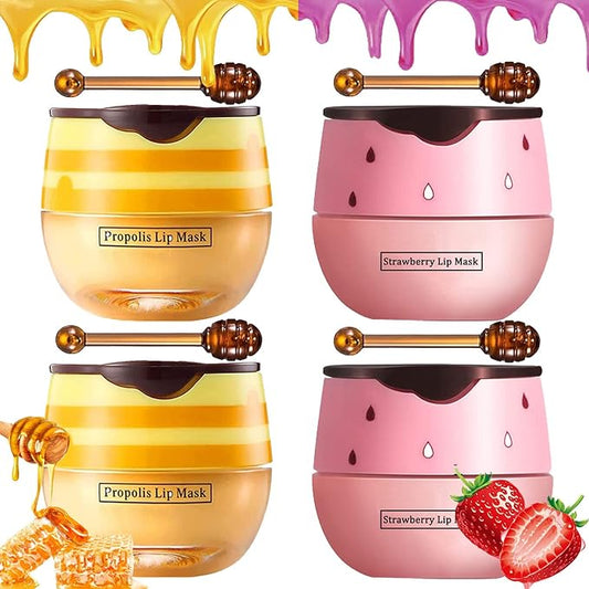 Bee Lip Balm Honey Pot, 4 PCS Strawberry & Honey Lip Masks Hydrating Prevention Dry and Cracked Lip Scrubs Exfoliator，Lip Sleep Mask Reduces Lip Lines，Lip Exfoliating Bee Lip Balm Sleeping Lip Mask-VivaGrace Women