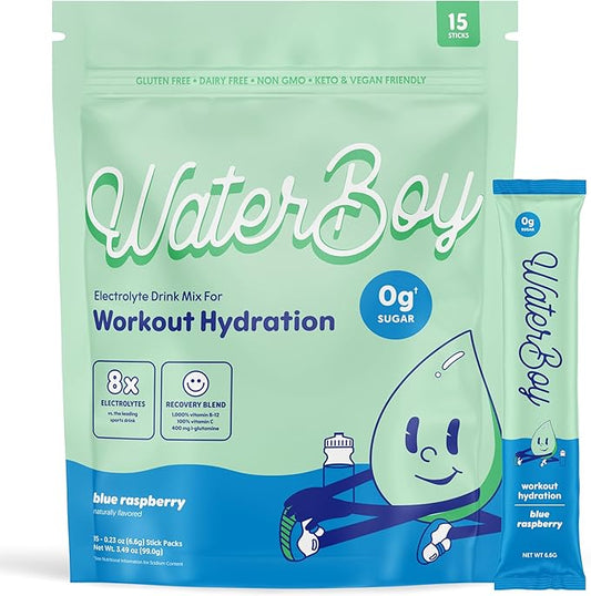 Waterboy Workout Hydration | 2,960mg Sugar Free Electrolyte Powder Packets | L-Glutamine + Vitamins | No Sugar, All Natural, Gluten Free | 15 Drink Stick Mixes (Blue Raspberry)-VivaGrace Women