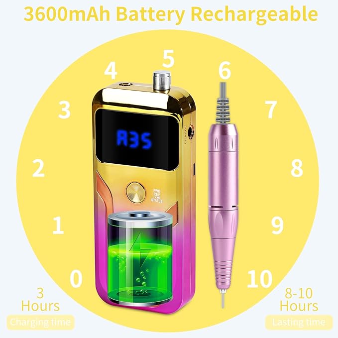Portable Nail Drill Professional 35000 RPM, MOCOWIND Rechargeable Electric Nail File Machine for Acrylic Nails Gel Polishing, Cordless E-File with Bits Kit for Manicure Salon Home, Yellow & Purple-VivaGrace Women