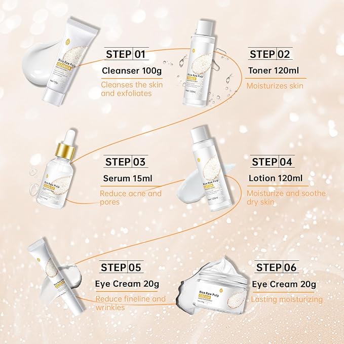 Rice Deep Nourishing Facial Care Set, 6Pcs Face Care Set for Women, Skin Care Set Includes Facial Cleanser, Toner, Lotion, Essence, Cream and Eye Cream.-VivaGrace Women