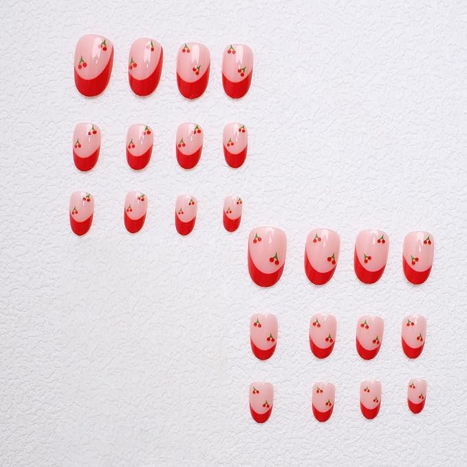 French Press on Nails Short Almond Shaped False Nails with Cherry Design Glossy Acrylic Nails Reusable Stick on Nails for Women's Daily Wear French Fake Nails with Nail Glue in 24 Pcs