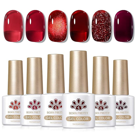 Born Pretty Jelly Burgundy Gel Nail Polish Ruby Red Glitter Cat Magnetic Eye Gel Nail Polish Fall Winter Blood Cherry Wine Red Gel Polish Glitter Soak Off Nail Art Salon Manicure Home Gift 7ml 6pcs-VivaGrace Women