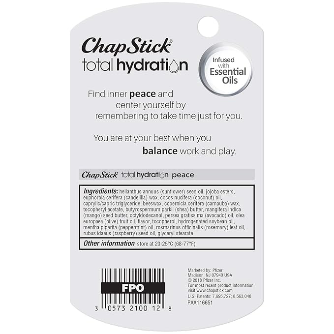 ChapStick Total Hydration Essential Oils Peace Lip Balm, Rosemary + Peppermint Lip Balm Tube, Lip Care - 0.12 Oz-VivaGrace Women