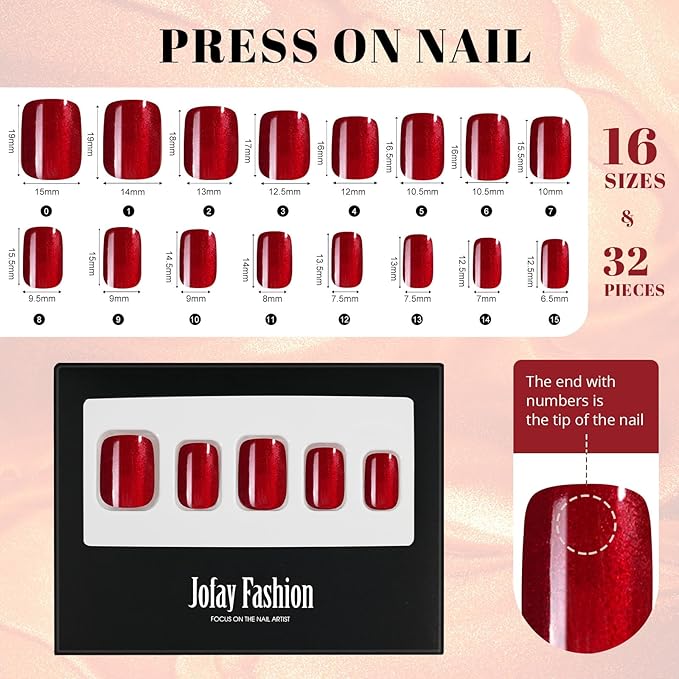 Red Press on Nails Short, Jofay Fashion Soft Gel Fake Nails, Cat Eye Press on Nails, Reusable & Natural Acrylic False Nails, Stick on Nails for Women Girls Gift, Glue on Nails Kit 32 Pcs