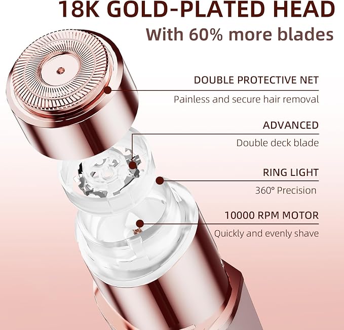 Facial Hair Removal for Women, Portable Lady Shaver, Rechargeable Painless Hair Remover for Face, Upper Lips, Chin, Peach Fuzz-VivaGrace Women