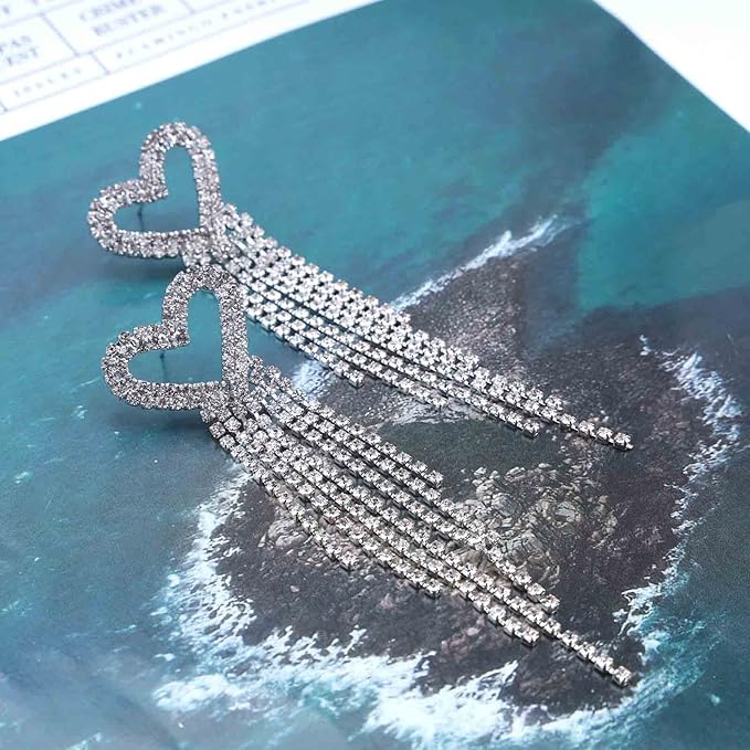 Boho Rhinestone Heart Tassel Earrings Long Tassel Chain Dangle Earrings Silver Crystal Cz Love Heart Studs Earrings Long Chandelier Dangle Earrings Wedding Cz Fringe Chain Earrings Jewelry for Women and Girls-VivaGrace Women