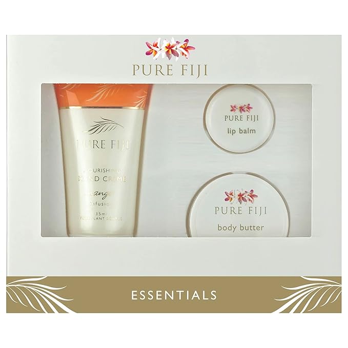 Pure Fiji Essentails Gift Set for Skin Care Hydrating Skincare Set Include - Lip Balm (0,16 Fl. Oz), Body Butter (0.50 Fl. Oz), Hand Crème(1.18 Fl. OZ) Daily Moisturizer Set - Mango-VivaGrace Women