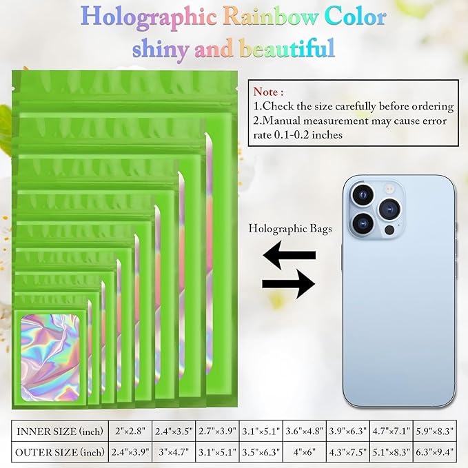 100 Pack Holographic Bags,Smell Proof Packaging Bags, Clear Window Resealable Odor Foil Pouch Mylar Bags for Food Storage and Lipgloss, Jewelry Lash(Green, 2.4 x 3.9 Inch)-VivaGrace Women