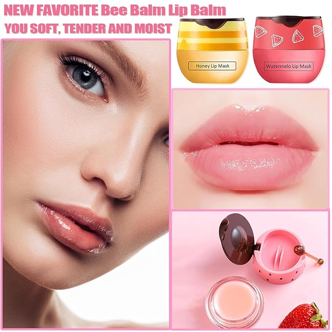 3 PCS Bee Lip Balm Honey Pot, Honey&Strawberry&Watermelon Lip Sleeping Mask Hydrating Prevention Dry and Cracked Lip Scrubs Exfoliator Lip Care, Overnight Lip Mask Reduces Lip Lines-VivaGrace Women