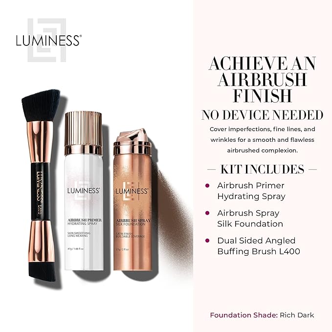 LUMINESS Airbrush Spray Silk Foundation Starter Kit - Deep Dark - Foundation, Primer & Dual-Sided Angled Buffing Brush - Medium, Buildable Coverage, Anti-Aging Formula Hydrates & Moisturizes-VivaGrace Women
