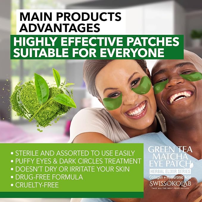 SWISSÖKOLAB Under Eye Patches For Puffy Eyes 24k Gold Eye Mask Dark Circles And Puffiness Collagen Eye Gel Pads Moisturizing & Reducing Wrinkles Anti-Aging Hyaluronic Acid (Green Tea)-VivaGrace Women