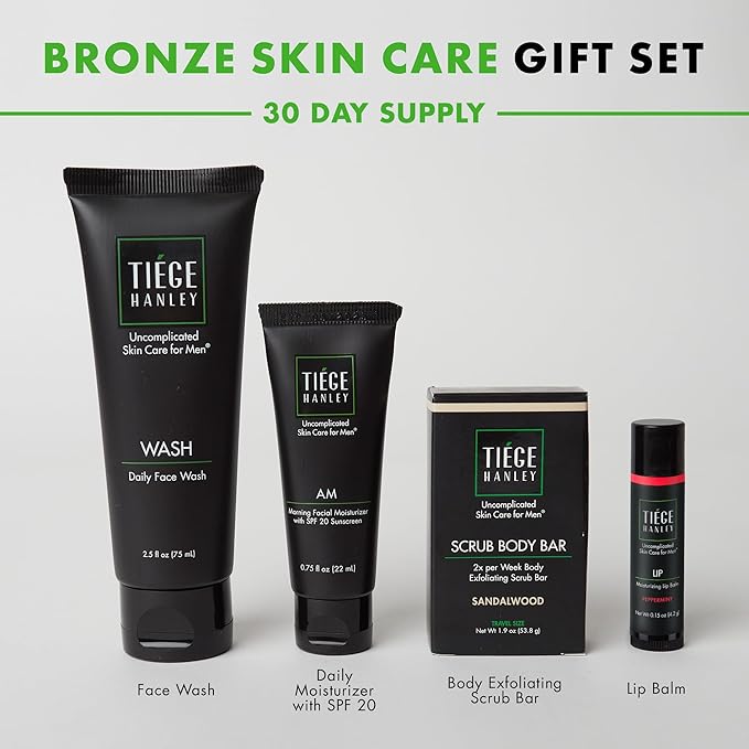 Tiege Hanley Mens Skin Care Gift Box Set, Bronze - Men's Skincare Set Includes Face Wash, Facial Moisturizer with SPF 20 Sunscreen, Body Exfoliating Scrub Bar, & Moisturizing Lip Balm-VivaGrace Women