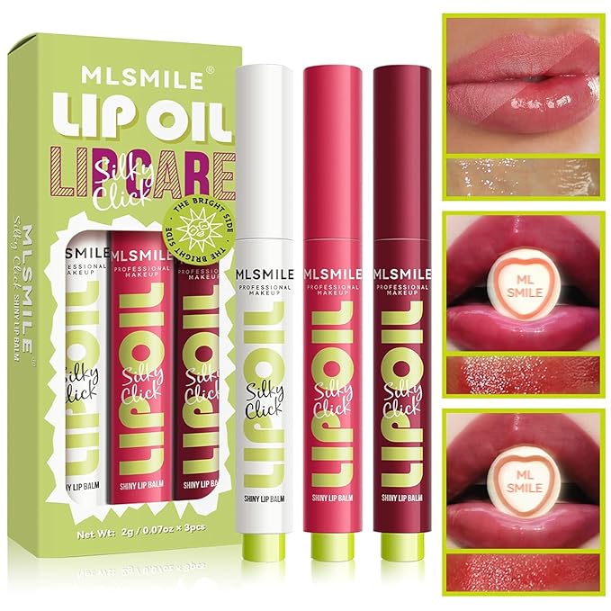 3 Colors Fat Lip Oil Click Slick, Moisturizing and Long-lasting Lip Balm, Non-stick and High Pigment Lip Glow Oil, Lightweight Lip Plumper with Coconut Oil (Set: A)-VivaGrace Women