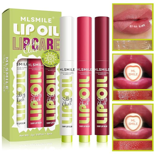 3 Colors Fat Lip Oil Click Slick, Moisturizing and Long-lasting Lip Balm, Non-stick and High Pigment Lip Glow Oil, Lightweight Lip Plumper with Coconut Oil (Set: A)-VivaGrace Women