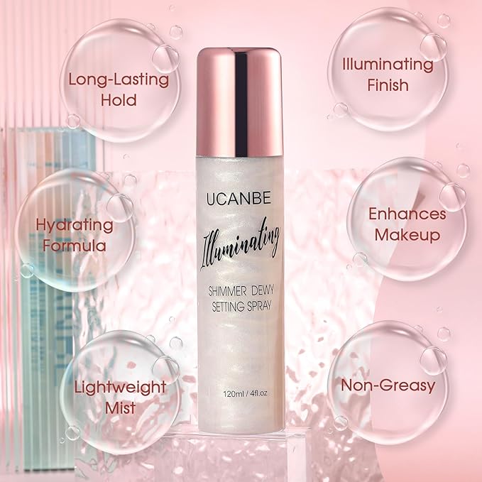 UCANBE Shimmer Dewy Setting Spray – Glowing + Makeup Setting Spray 2 in 1 Lightweight Formula for a Radiant Glow,Long-Lasting Face Mist for Face Body, 4 Fl Oz #Platinum-VivaGrace Women