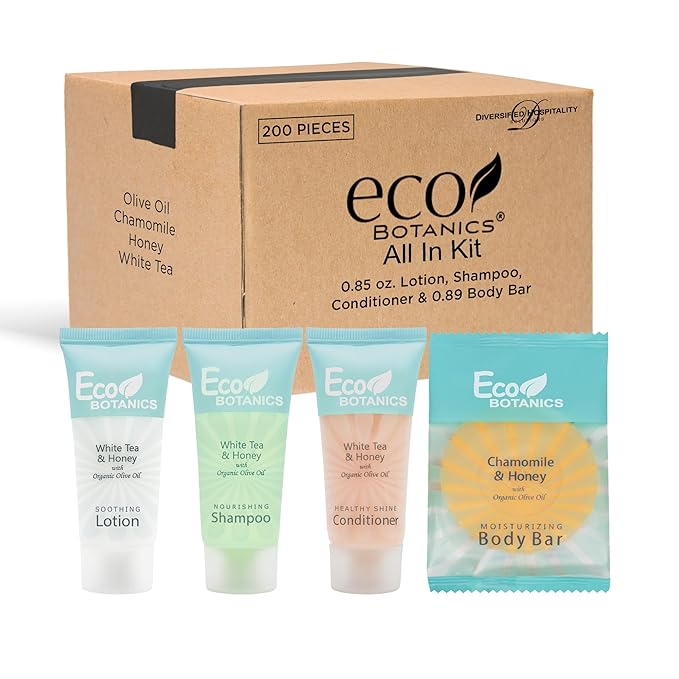 Eco Botanics Hotel Soaps and Toiletries Bulk Set | 1-Shoppe All-In-Kit Amenities for Hotels & Airbnb | 0.85 oz Hotel Shampoo, Conditioner & Lotion, 0.89 oz Bar Soap Travel Size | 200 Pieces-VivaGrace Women