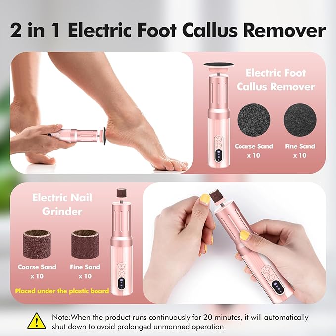 Electric Foot Callus Remover Cordless Electric Foot Filer Kit with 6Speeds Chagring Dock Callus Remover for Women Feet and Nail (Pink)-VivaGrace Women