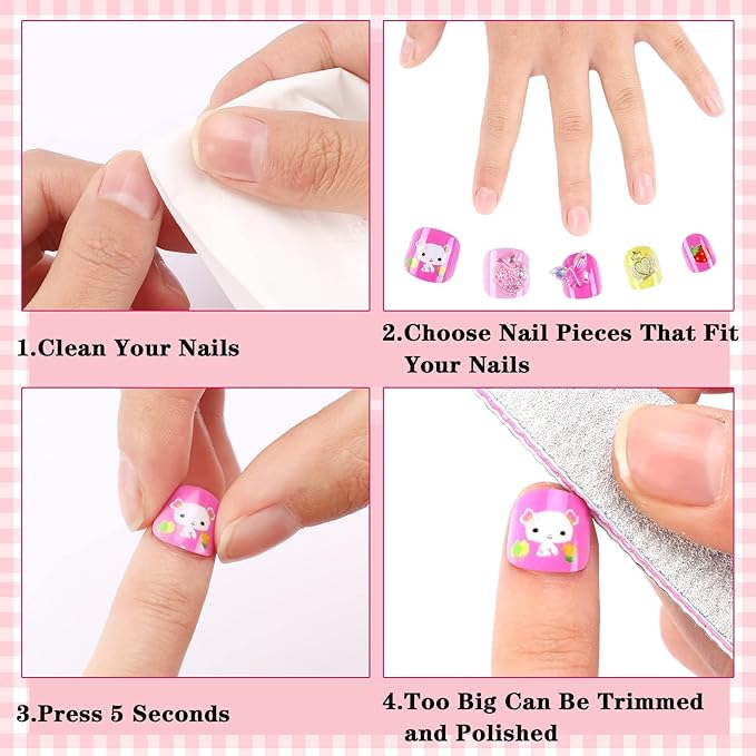 JANYUN Children False Nails, 96Pcs Stick on Nails for Kids Pre-glue Full Cover Short Fake Nails Party Favors Gift (3D)
