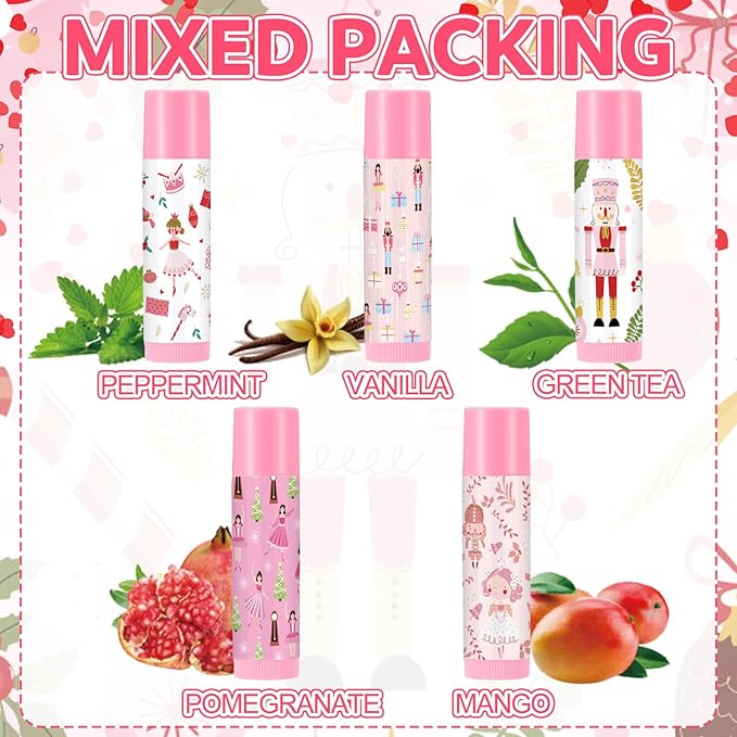 Dunzy 50 Pcs Christmas Lip Balm Gifts Bulk Pink Christmas Nutcracker Themed Lip Balm Xmas Lip Moisturize for Lip Care Xmas Holiday Party Stocking Stuffers, 5 Flavors-VivaGrace Women