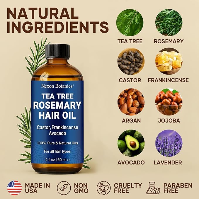 Tea Tree Rosemary Oil for Hair Growth 2 fl oz - Scalp Treatment with Castor, Frankincense & Avocado Oils - For Dry, Damaged Hair - Nexon Botanics-VivaGrace Women