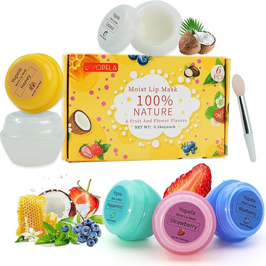 6 Pack Cute Lip Mask Sleeping Overnight for Dry Lips with Coconut Oil and Beeswax -Smoothing Hydrating Softening Plumoing Moisturizing with Small Lip Brush 6 Flavors 0.18 oz-VivaGrace Women