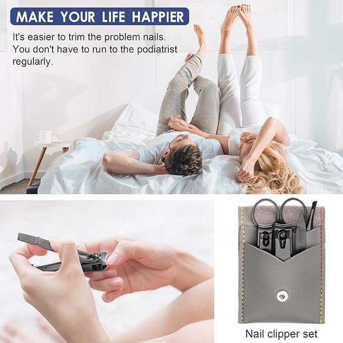 Manicure Pedicure Kit Nail Clippers Set Fingernails & Toenails Vibrissac Scissor 5 Pieces Best Care Tools for Man & Women with Travel Case (Gray/Black_A) (Gray/Black_A)-VivaGrace Women