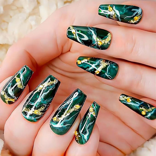 Medium Press-on Nails - Green Acrylic False Nails with Rhinestones & Glitter, Marble Pattern, Artificial Stick-on Nails for Women