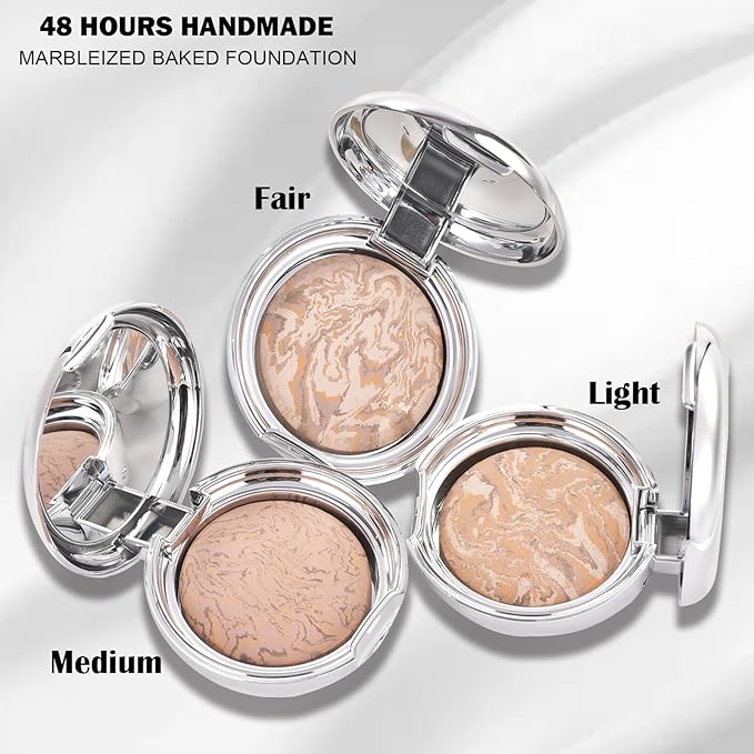 Marbleized Baked Foundation Makeup, Balance and Brighten Color Correcting Powder Foundation - Buildable Light to Medium Coverage - Demi-Matte Natural Finish (#002 LIGHT, 0.32 Oz)-VivaGrace Women