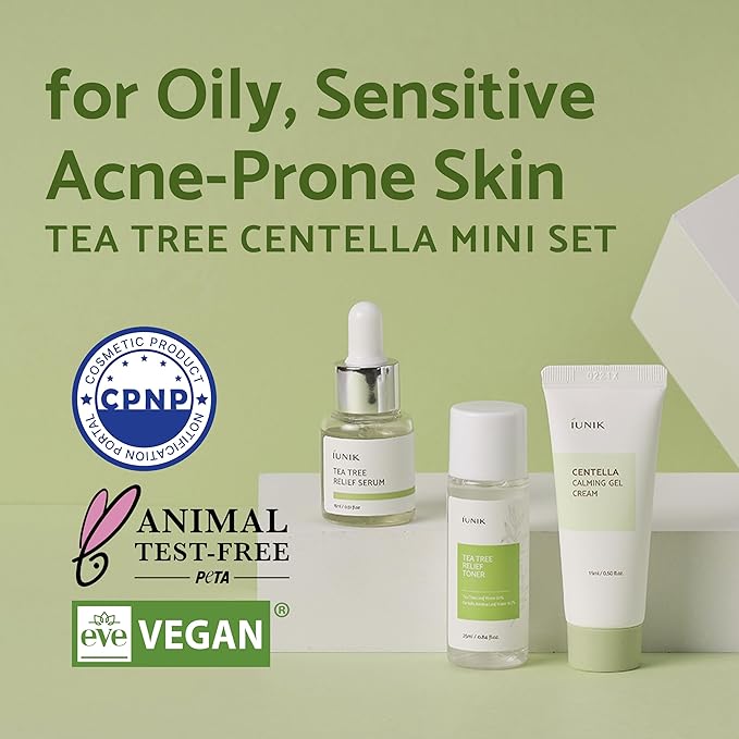 iUNIK Centella Mini Set Travel-Friendly Skincare Set Ultra calming and hydrating for sensitive skin - Tea Tree Relief Toner,Serum, Centella Calming Gel Cream-VivaGrace Women