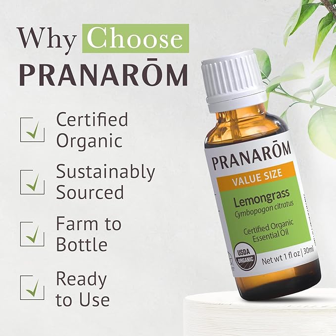 Pranarom USDA Certified Organic Lemongrass Essential Oil (30ml), 100% Pure Undiluted Therapeutic Grade from India for Aromatherapy, Diffuser, Meditation, Massage, Relaxation, Citrus - Lemon-VivaGrace Women