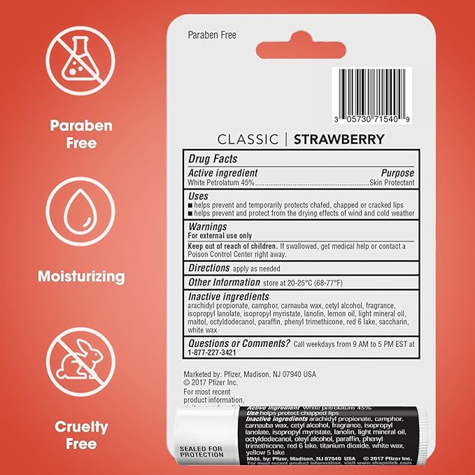 ChapStick Strawberry Lip Balm 4-Pack + 1 Classic Original ChapStick, Lip Moisturizer, 0.15 Oz Ea (5 Piece Set)-VivaGrace Women