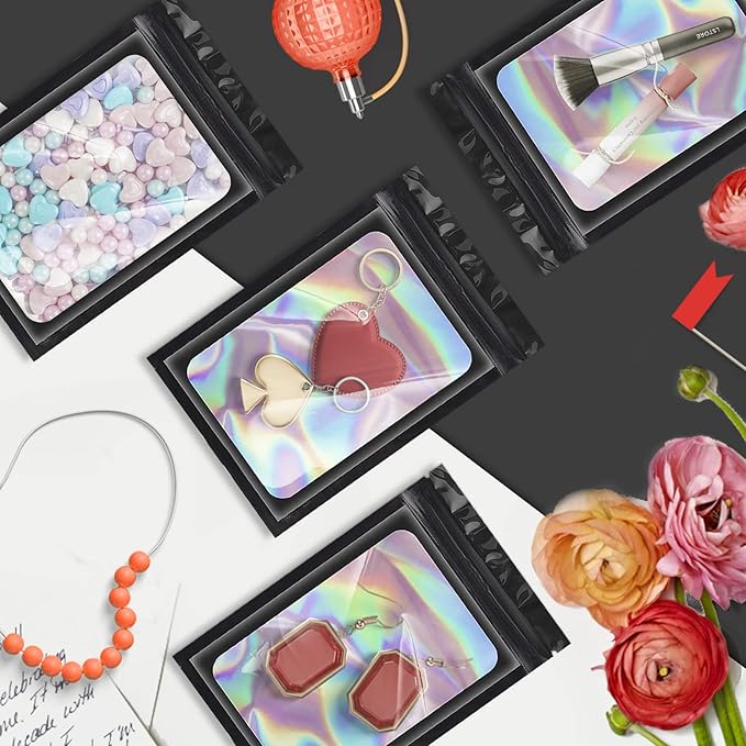 100 Pieces Smell Proof Mylar Bags, Holographic Packaging Bags, Resealable Odor Foil Pouch Zipper Bag with Clear Window for Food Storage and Lipgloss, Jewelry Lash (Black, 4 x 6 Inch)-VivaGrace Women