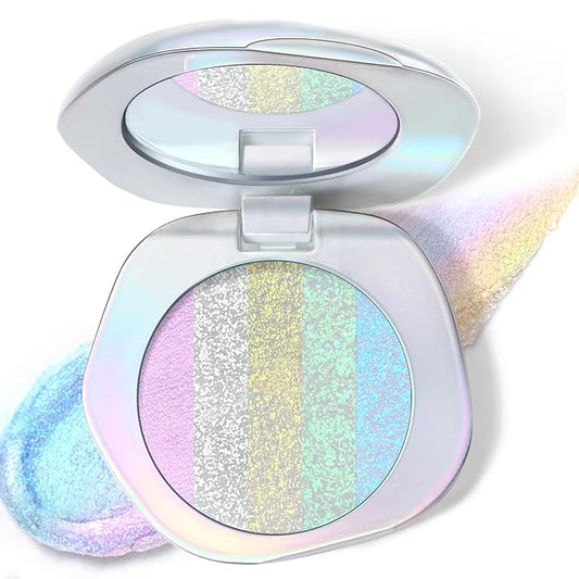 Chameleon Face Highlighter Palette, Glitter Metallic Rainbow Eyeshadow Holographic Sparkling Long Lasting Color Shifting Inner Corner Eye Brightener Illuminator Shimmer Highlighter Makeup-VivaGrace Women